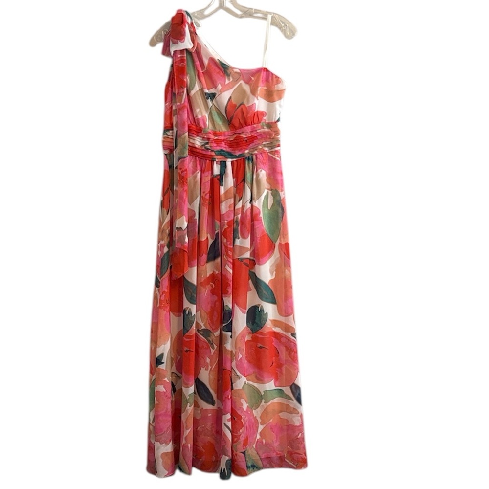 Eliza J Vibrant Multicolor Floral Print Lined Sz 10 One Shoulder Bow Detail - Picture 13 of 13